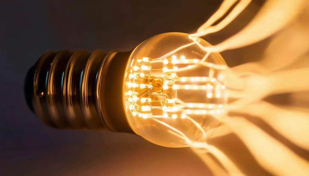 A close-up view of an LED light bulb emitting a soft, warm glow. The light appears to be pulsating subtly, representing the high-speed data transmission capabilities of LiFi technology.