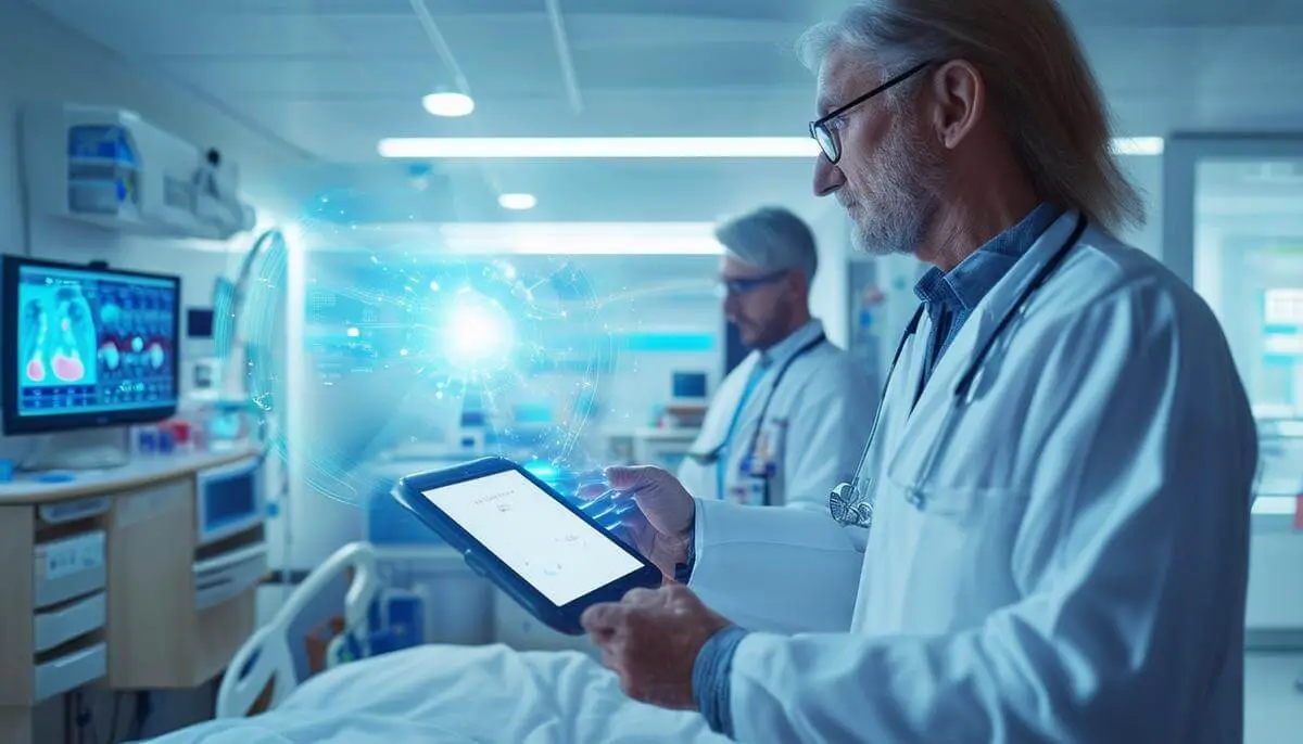 A modern hospital room with LiFi-enabled devices, such as medical monitors, tablets, and wearable sensors, securely transmitting patient data through pulsating light beams. Healthcare professionals are shown interacting with the devices, highlighting the potential of LiFi in enhancing patient care and streamlining hospital operations.