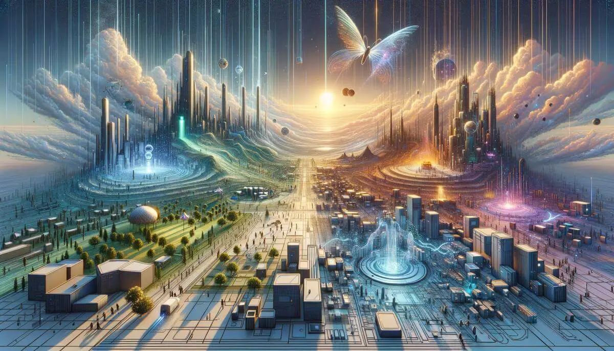 A conceptual image illustrating the key components and technologies that form the metaverse.