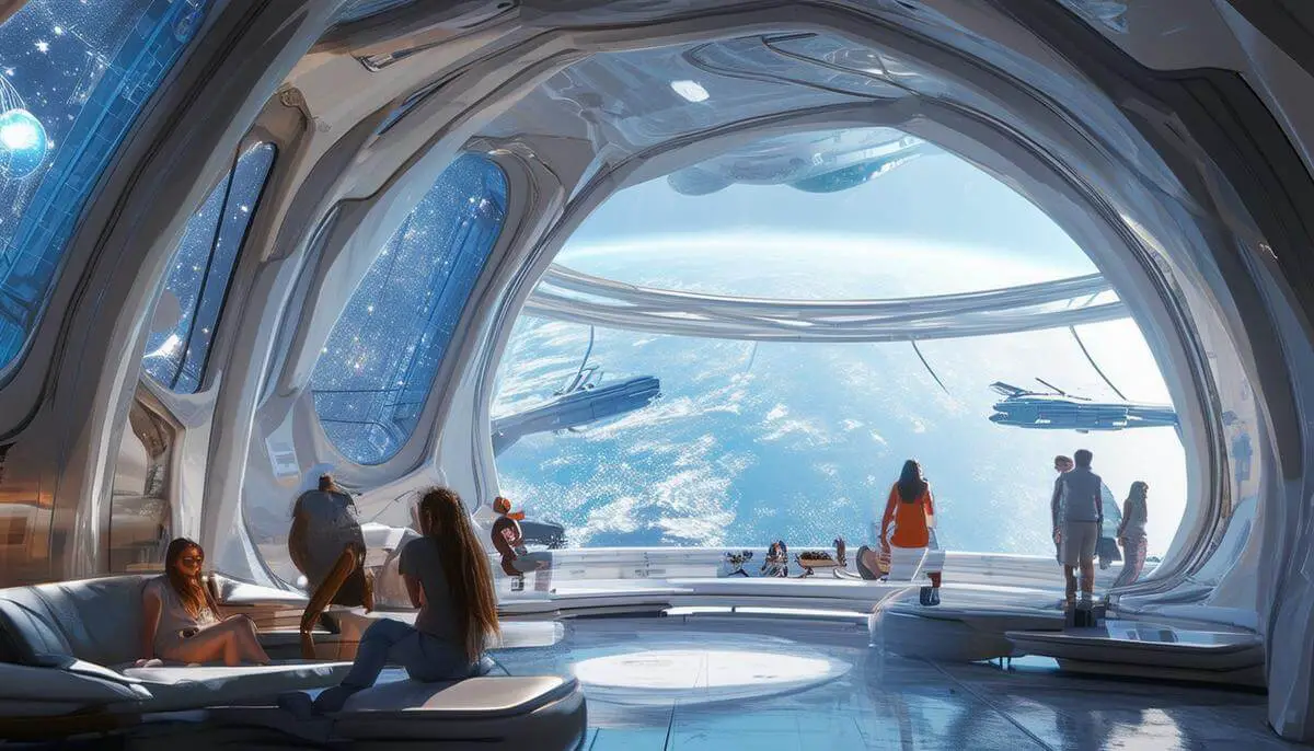 The interior of a conceptual space hotel, with tourists enjoying the views